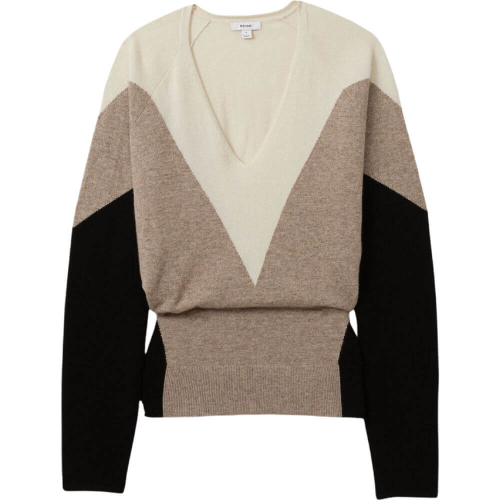 REISS ESME Wool Blend Colourblock V Neck Jumper